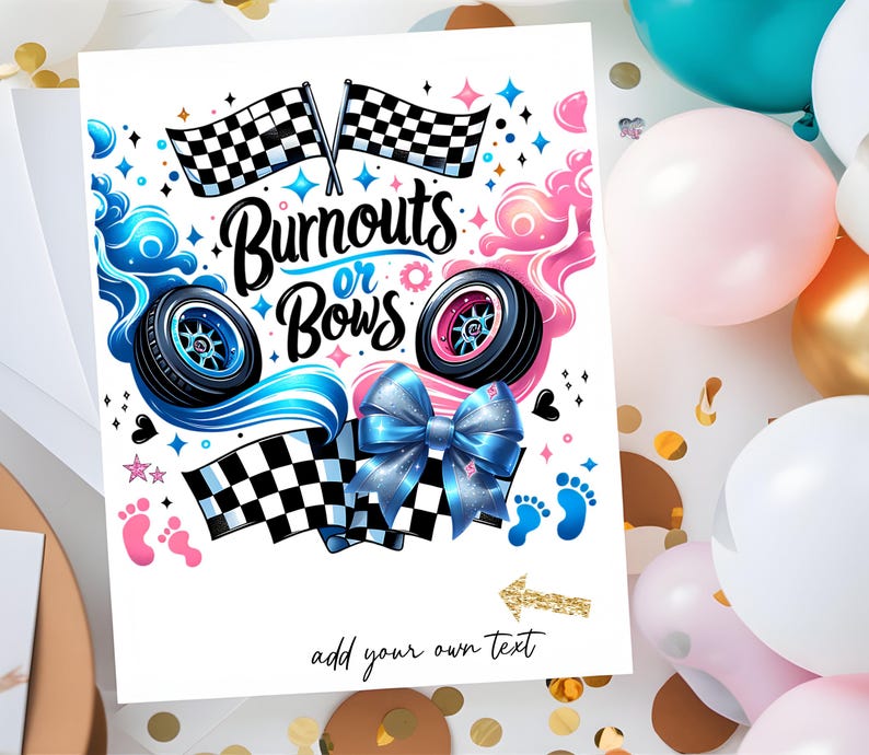 K&ouml;nnte beinhalten: Eine Einladung zu einer Gender-Reveal-Party mit einem blau-rosa karierten Flaggen-Design. Der Text lautet "Burnouts or Bows" mit einer blauen Schleife und einer rosa Schleife. Der Text "add your own text" befindet sich am unteren Rand der Einladung.