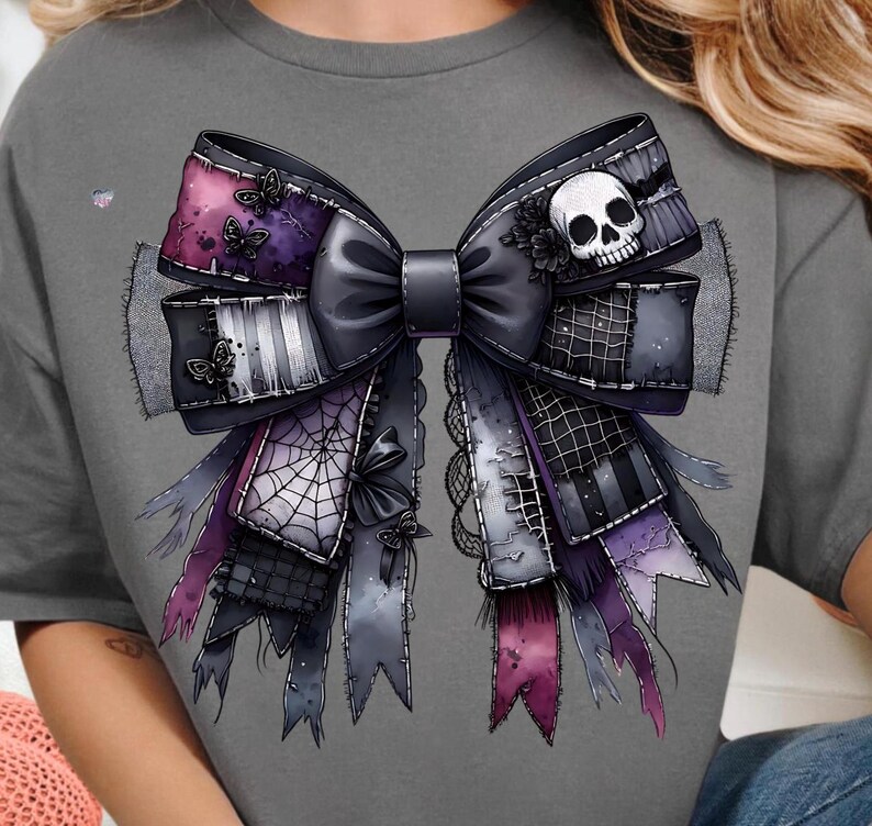 Spooky Patchwork Bow PNG Bundle Gothic Halloween Shirt Clipart Set Vintage Witchy Bows Dark Academia Grunge Halloween Sublimation