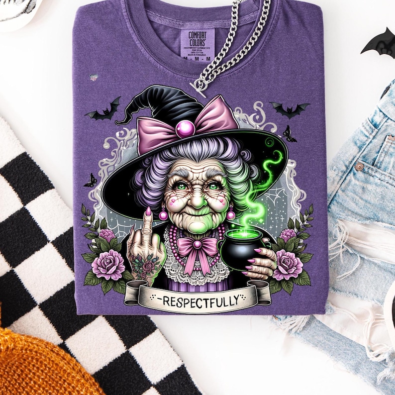 Respectfully Witch Grandma PNG Clipart, Sassy Green Witch Middle Finger Teacup Cauldron Halloween Shirt Sublimation Digital Download