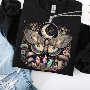Celestial lunar moth PNG vintage moth clipart cottagecore shirt boho mushroom PNG witchy aesthetic mystical moon digital art