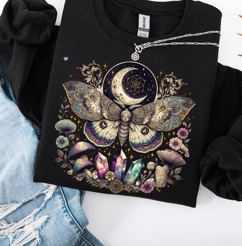 Celestial lunar moth PNG vintage moth clipart cottagecore shirt boho mushroom PNG witchy aesthetic mystical moon digital art