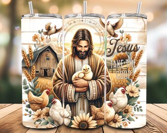Gesù prende il pollaio 20 oz Skinny Tumbler Wrap PNG Divertente fattoria di polli Sublimazione Christian Tumbler Design Gesù e polli png digitale