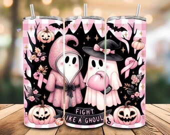 May include: Three Halloween-themed tumblers with pink and black designs. Each tumbler features a cartoon ghost with a witch hat, boxing gloves, and a pink ribbon. The text "FIGHT LIKE A GHOUL" is displayed on the front.