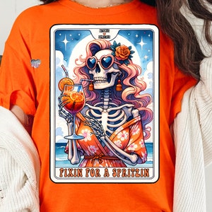 Carte de tarot drôle Aperol Spritz PNG sarcastique squelette été sublimation design signature cocktail clipart humour adulte witchy gothique numérique