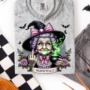 Respectfully Witch Grandma PNG Clipart, Sassy Green Witch Middle Finger Teacup Cauldron Halloween Shirt Sublimation Digital Download