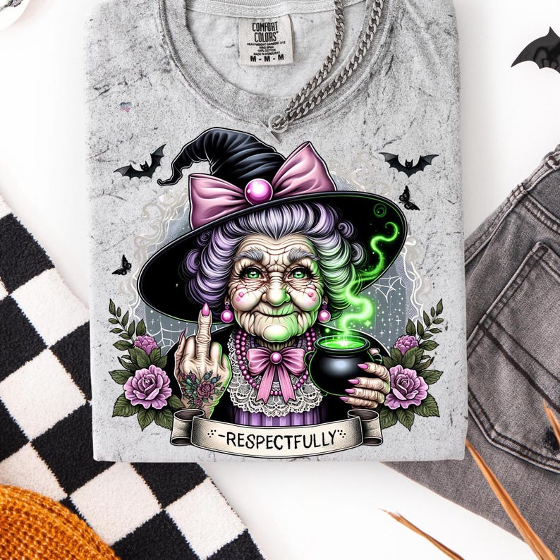 Respectfully Witch Grandma PNG Clipart, Sassy Green Witch Middle Finger Teacup Cauldron Halloween Shirt Sublimation Digital Download