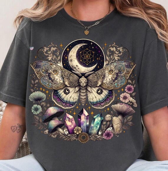 Celestial lunar moth PNG vintage moth crystals clipart cottagecore shirt boho mushroom PNG witchy aesthetic mystical moon digital Halloween