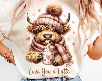 Linda vaca de las tierras altas PNG Clipart de San Valentín Te amo un café con leche Diseño de café de vaca acogedor Vaca esponjosa PNG de San Valentín Descarga digital