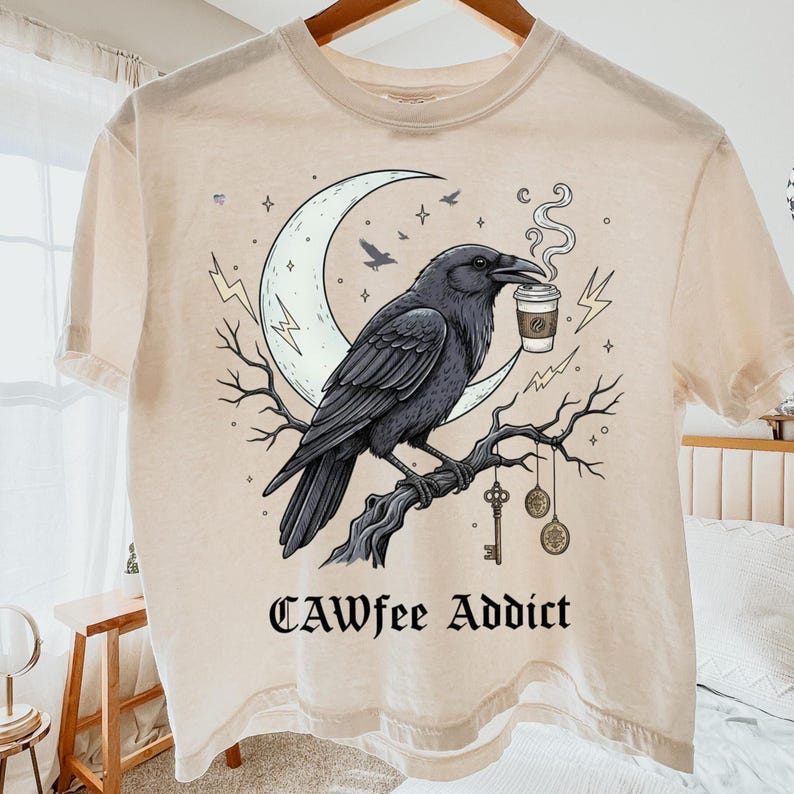 CAW coffee Addict Crow PNG, Funny Raven Coffee Clipart, Gothic Halloween PNG, Dark Academia Crow Design, Witchy Coffee Sublimation Art