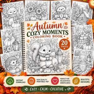May include: A spiral-bound colouring book titled Autumn Cozy Moments with 20 pages, featuring a central illustration of a squirrel holding an acorn surrounded by foliage and a lantern, with various black and white autumn-themed colouring pages displayed.