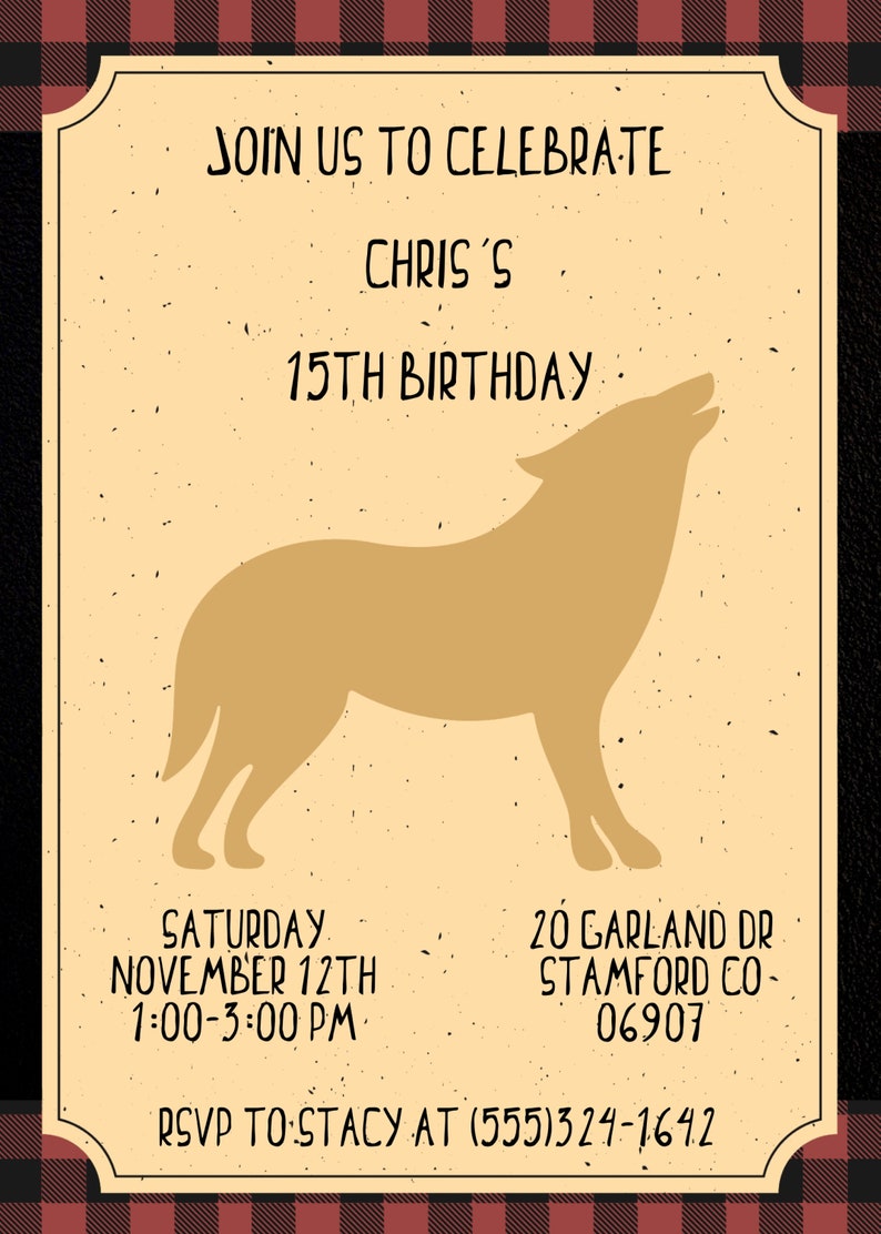 Editable Howling Wolf Birthday Party Invitations With Thank Etsy