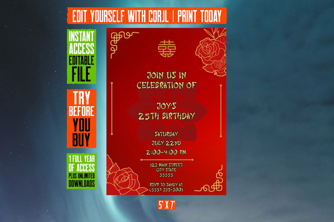 Chinese Birthday Invitation: Editable Celebration Template (digital ...