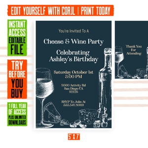 Editable | Classic Cheese And Wine Birthday Party Invitations With Thank You Card | Printable Digital Invitation | 5X7