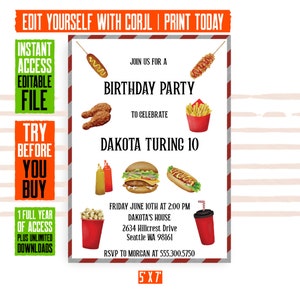Burgers and fries themed birthday invitation | Editable Printable digital invitation | 5X7
