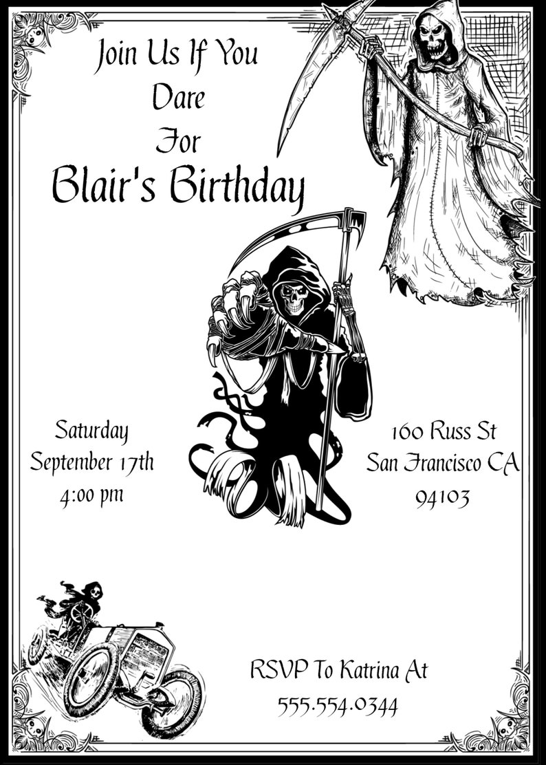 Editable Join Us If You Dare Grim Reaper Birthday Party Invitations