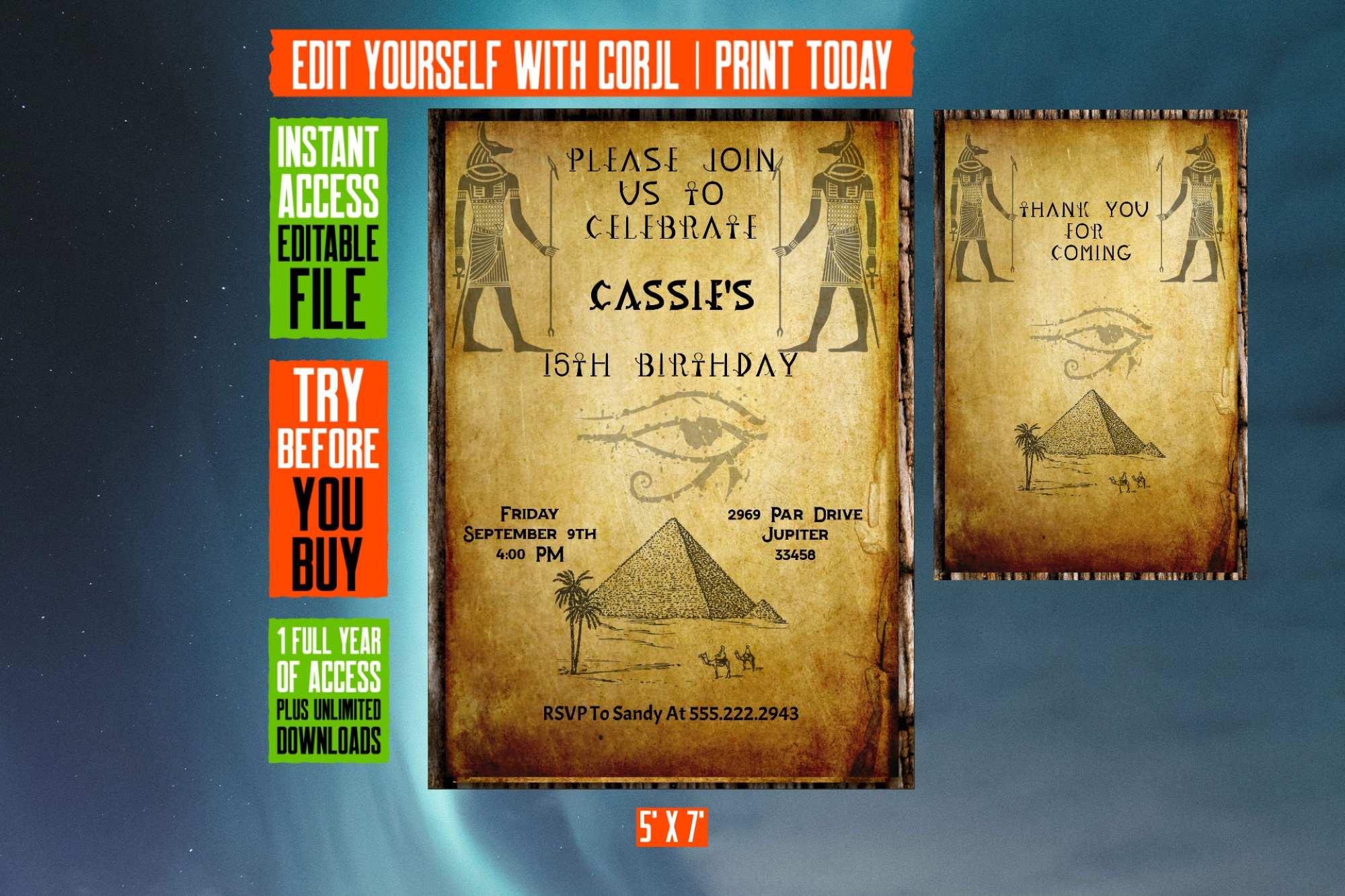 Editable | Ancient Egyptian Birthday Party Invitations With Thank You Card | Printable Digital Invitation | 5X7