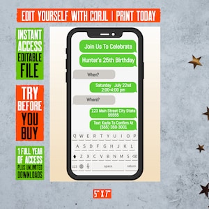 BEARBEITBARE | SMS Telefon Einladung, Einladung, Geburtstag, DIY, personalisiert, druckbare digitale Sofort-Download | Weiterentwickelte Drucke