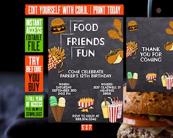 Editable | Food Friends Fun Birthday Invitations With Thank You Card | Printable Digital Invitation | 5X7