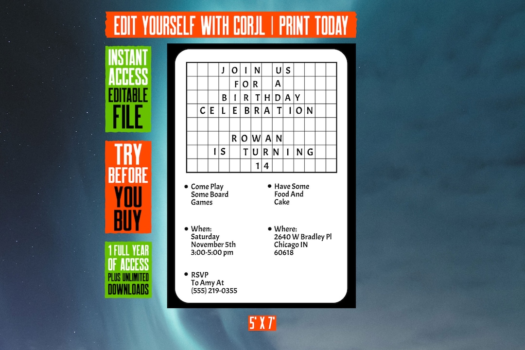 Editable Crossword Puzzle Birthday Party Invitations With Thank You