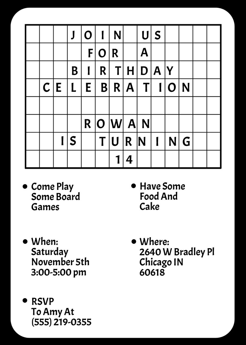 Editable Crossword Puzzle Birthday Party Invitations With Thank You ...