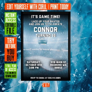 Invito di hockey su ghiaccio modificabile, Invito alla festa di hockey su ghiaccio, Compleanno di hockey su ghiaccio, fai-da-te, personalizzato, stampabile Digital Instant Download