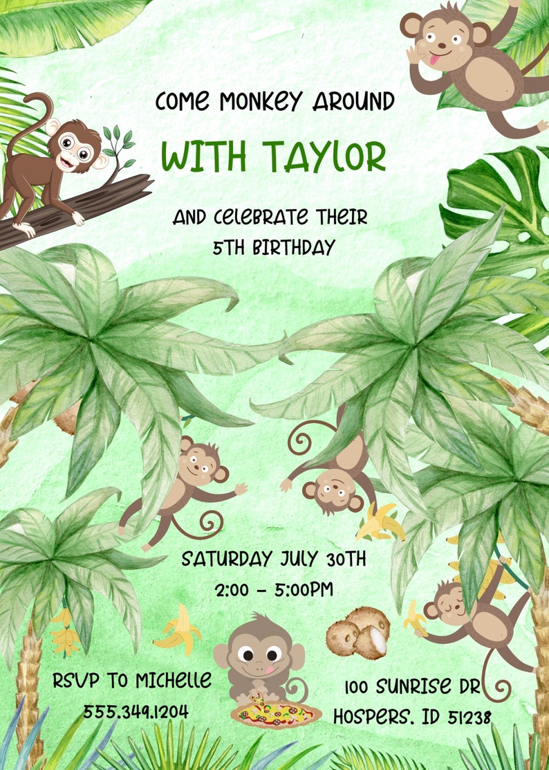 EDITABLE Monkey Birthday Invitation Monkey Party Invitation - Etsy