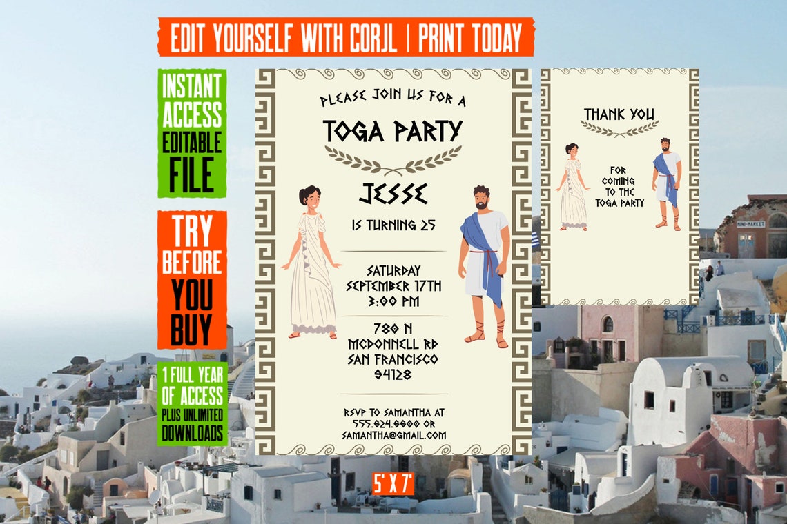 Editable Toga Party Birthday Party Invitations With Thank You Card Printable Digital Invitation ...