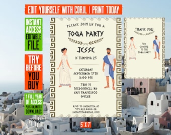 Editable | Toga Party Birthday Party Invitations With Thank You Card | Printable Digital Invitation | 5X7