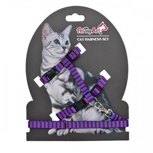 Könnte beinhalten: Ein blaues und rotes gestreiftes Katzenhalsband und eine Leine mit einem silbernen Clip. Das Set ist auf einer schwarzen Karte mit dem Text "Pet Tag Art Cat Harness Set" verpackt.