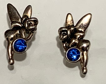 Sterling Silver .925 Disney Tinkerbell Blue Birthstone Pierced Earrings DAINTY!