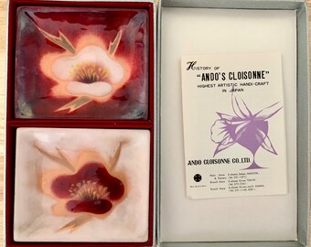 RARE Ando Cloissonne  vintage “Pigeon Blood” Ceramic Decorative Trays - Orchids - Original Box!
