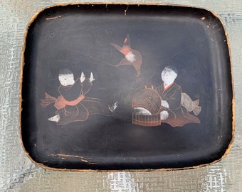Japanese Hand Painted Lacquer Tray 1890 1900 Unique Charming Circus Scene RARE