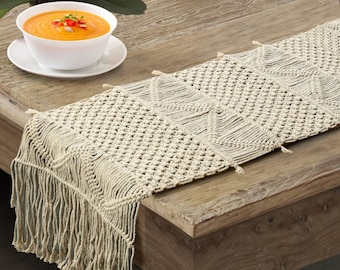 Macrame Table or Bed Runner - Handcrafted Kitchen Table Decor - Off-white Woven