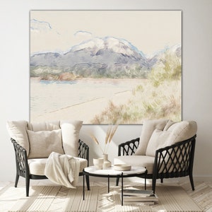 Pode incluir: Uma pintura de uma cordilheira com um lago em primeiro plano. A pintura é em estilo aquarela e tem uma paleta de cores suave e discreta.