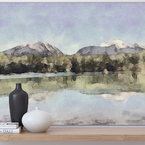 Pode incluir: Uma pintura de um lago com montanhas ao fundo. O lago está calmo e reflete o céu e as montanhas. As montanhas estão cobertas de neve e o céu é azul claro. A pintura é feita em um estilo pictórico com pinceladas visíveis.