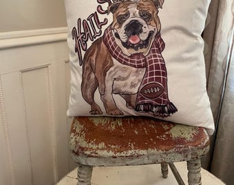 Mississippi State Pillow cover with  Bulldog and scarf, hand drawn  for the football fans dorm room man cave decor