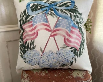 Patriotic Wreath American flags and Blue Hydrangeas
