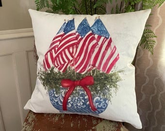 Patriotic red white and blue flag chinoiserie pot pillow cover