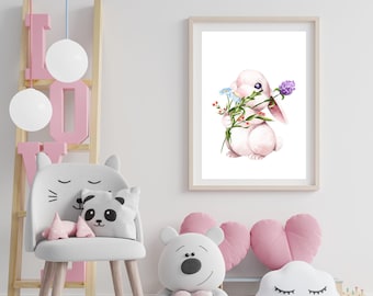 Cute Floral Rabbit Wall Art | Bunny Nursery Print | Nursery Wall Art Digital Download | Rabbit Wall Art Print | Instant Download