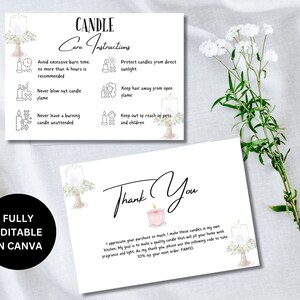 Canva Editable Candle Care Card | Printable Candle Care Instructions | Candles Care Guide | Black & White Candle Business Canva Template