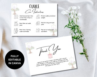 Canva Editable Candle Care Card | Printable Candle Care Instructions | Candles Care Guide | Black & White Candle Business Canva Template