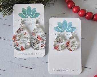 Cardinal Earrings, Teardrops in Two Sizes, Hypoallergenic Stainless Steel and Lightweight Acrylic