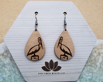 Pelican Earrings, Engraved Eco Friendly Wood and Hypoallergenic Stainless Steel Wires for Sensitive Ears
