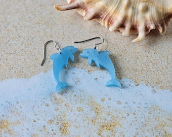 Dolphin Earrings, Light Blue-Gray Pearl Lightweight Acrylic Jewelry, Hypoallergenic Stainless Steel Earring Wires for Sensitive Ears
