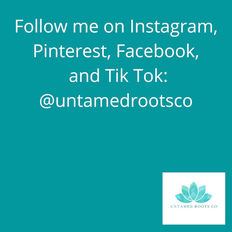 Pode incluir: Fundo azul turquesa com texto branco que diz "Siga-me no Instagram, Pinterest, Facebook e Tik Tok: @untamedrootsco". Um quadrado branco com um gr&aacute;fico de flor de l&oacute;tus azul turquesa e o texto "UNTAMED ROOTS CO" est&aacute; no canto inferior direito.
