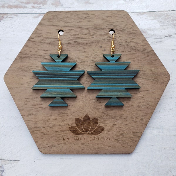 Aztec Southwest Dangle Earrings, Turquoise And Bronze Color Acrylic Earrings, Bohemian Geometric