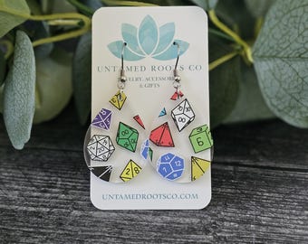 RPG Dice Earrings, Hypoallergenic Stainless Steel and Acrylic