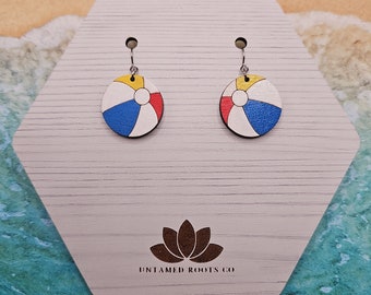Beach Ball Hand Painted Dangle Earrings, Cute Summer Jewelry, Summer Vacation Outfit, Hypoallergenic Stainless Steel Lightweight Earrings