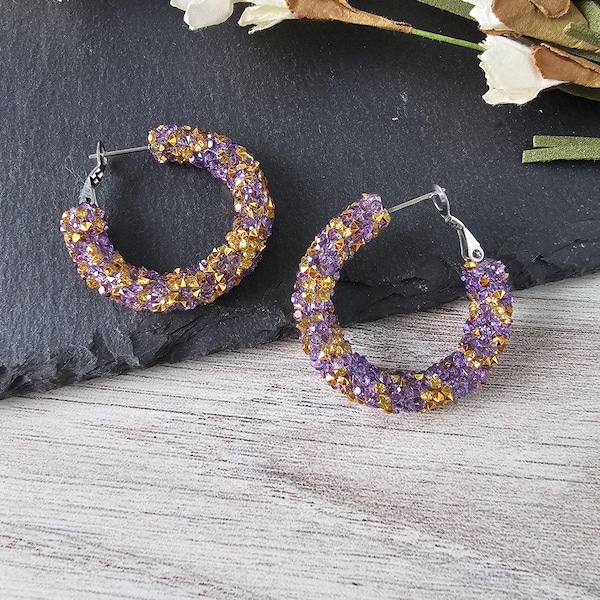Purple & Gold Hoop Earrings, Rhinestone Glitter and Hypoallergenic Stainless Steel for Sensitive Ears, Great For Sports Teams, Schools