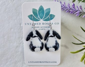 Lop Ear Bunny Earrings, Black and White Pet Portrait Style, Earring Wires or Clip-Ons